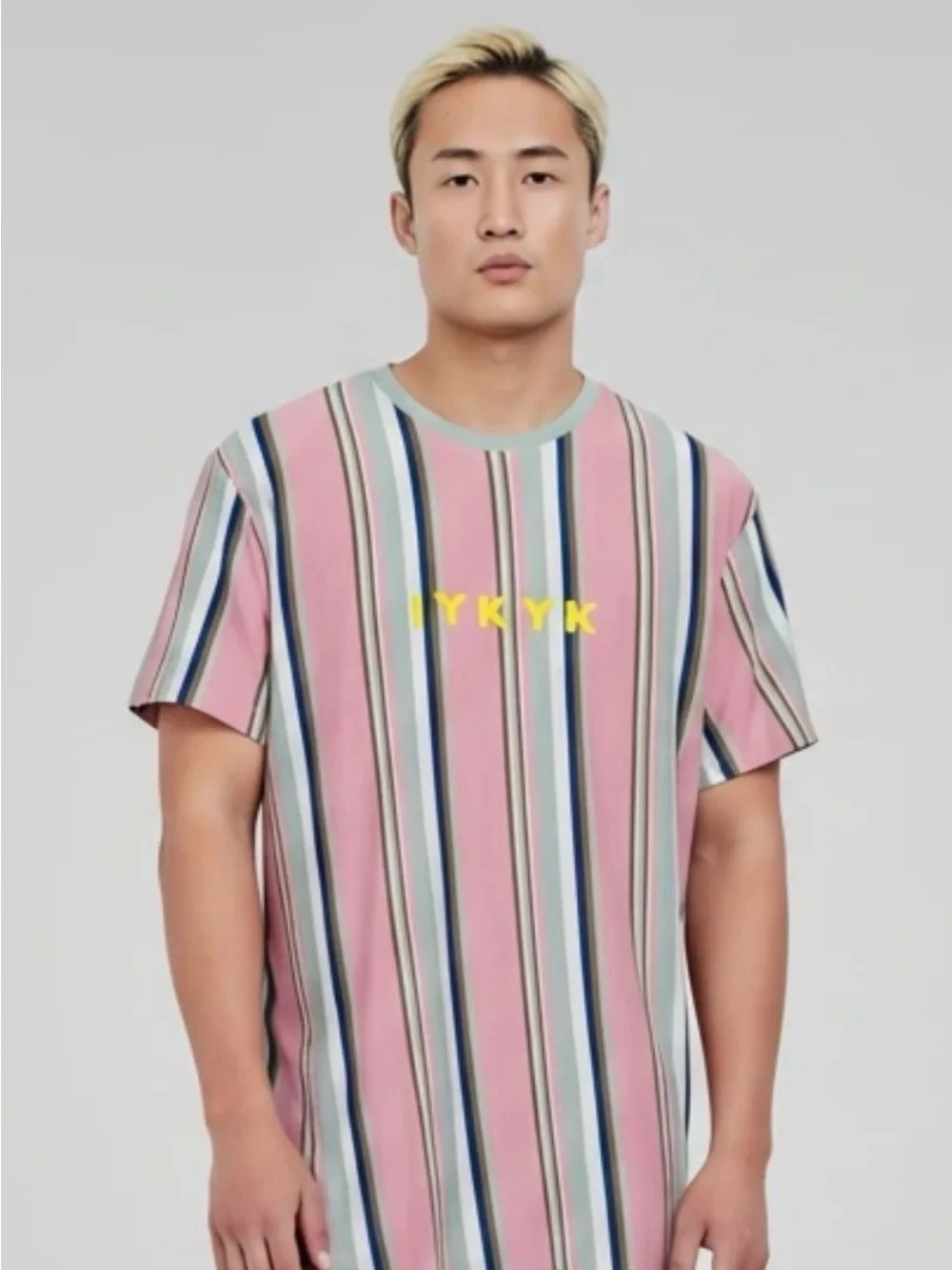 Vertical Stripe Pink Short-Sleeve Tee with Subtle Logo